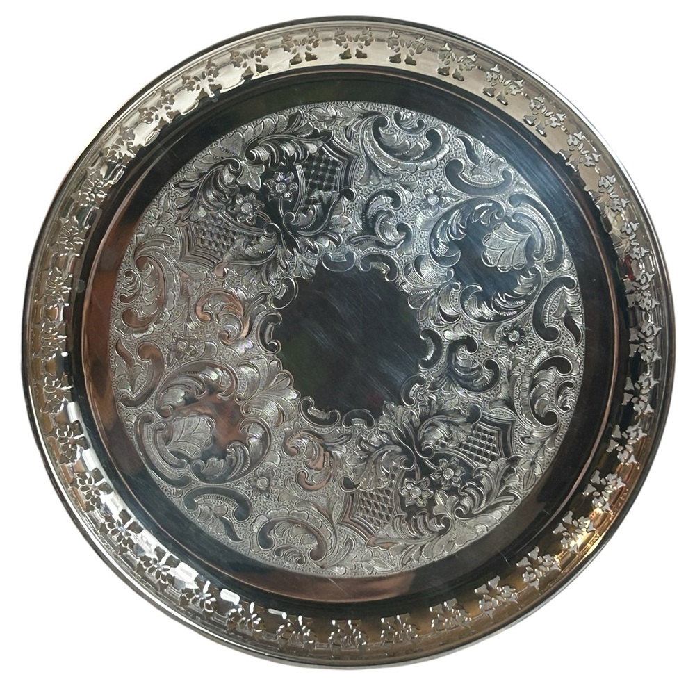 Vtg Silverplate Platter 13.5” Round Serving Plate Vanity Tray Primrose Silver